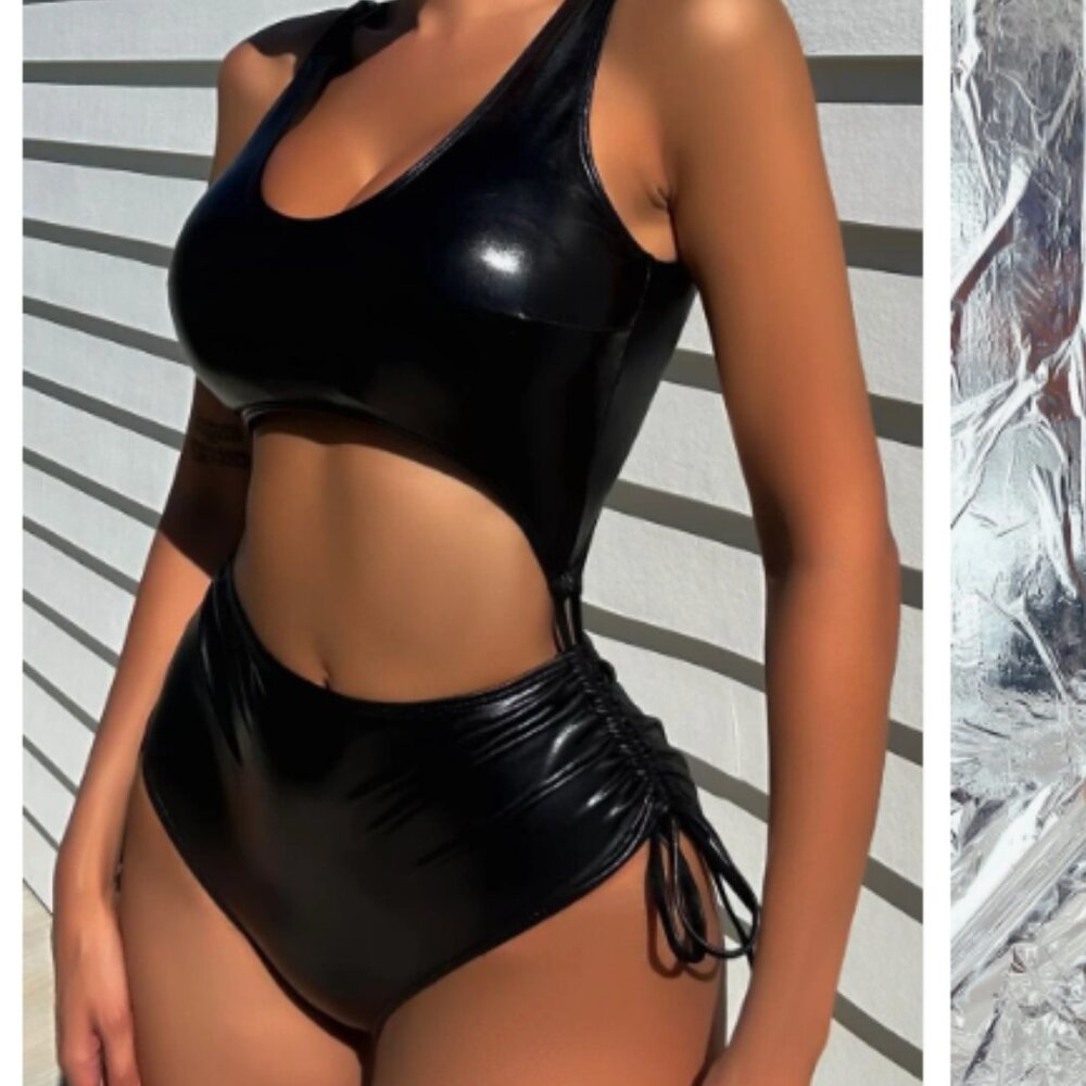Cut Out Drawstring Side PU One Piece Swimsuit